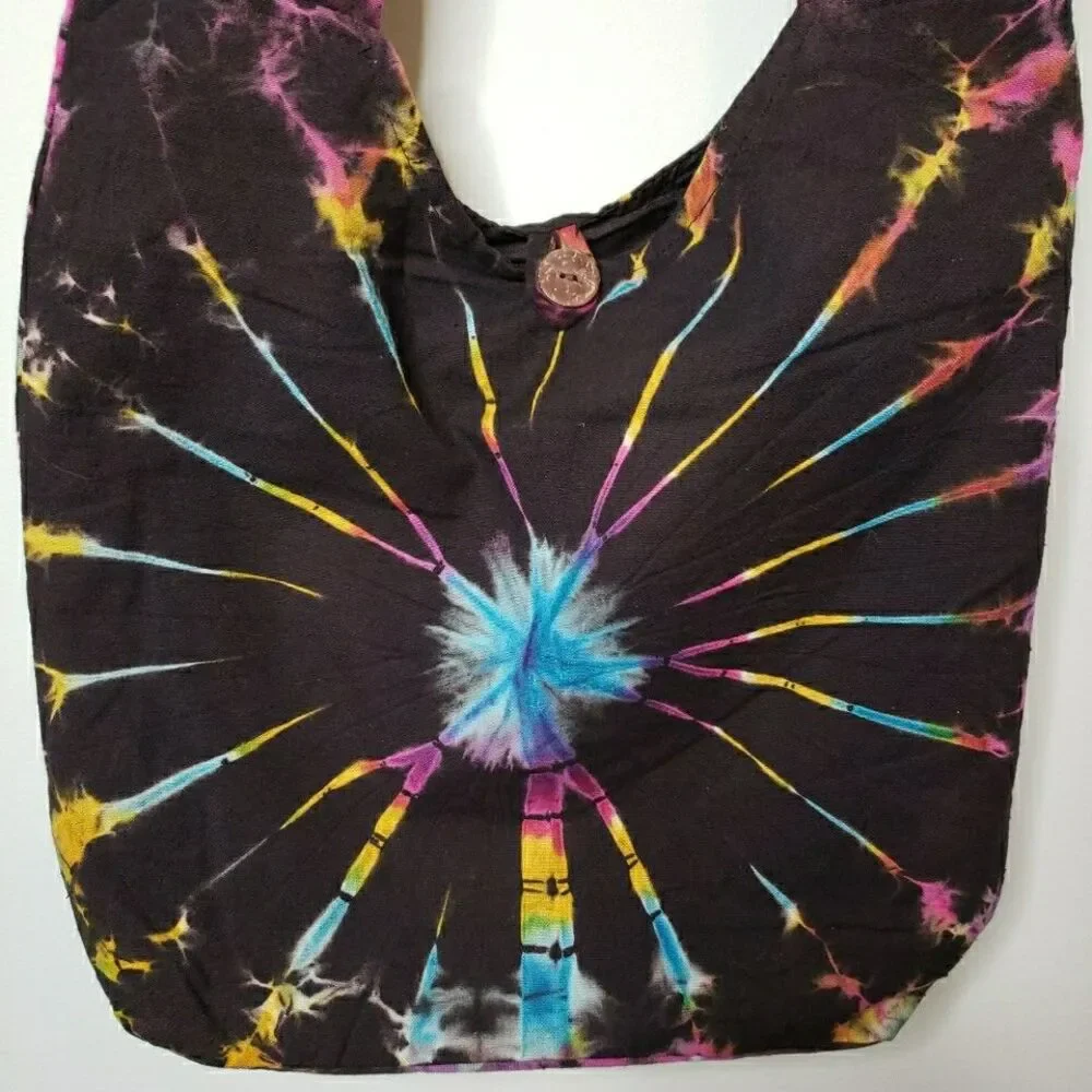Tie Dye Crossbody Hobo Bag Rainbow Spiral Fabric Festival Purse Handmade Nepal - Picture 4 of 13